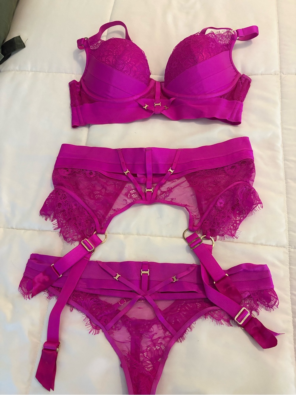Honey Birdette Lace Bra, Garter Belt & Thong Lingerie Set